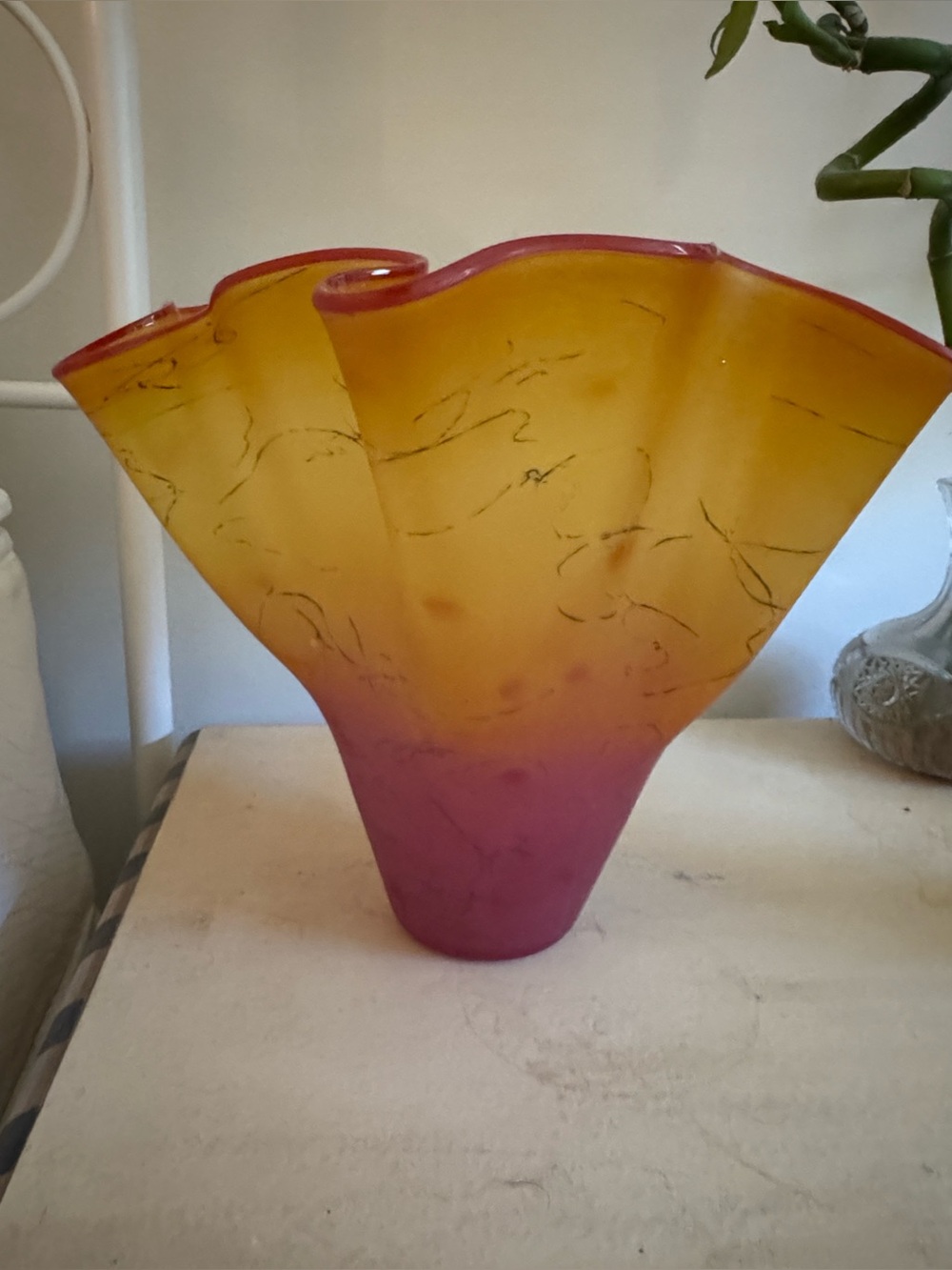 Curtis Brock Signed Freeform Ruffled Fluted Art GlassVase